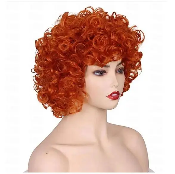 Peluca corta y rizada para mujer, disfraz de Cosplay, color naranja y rojo, para Halloween