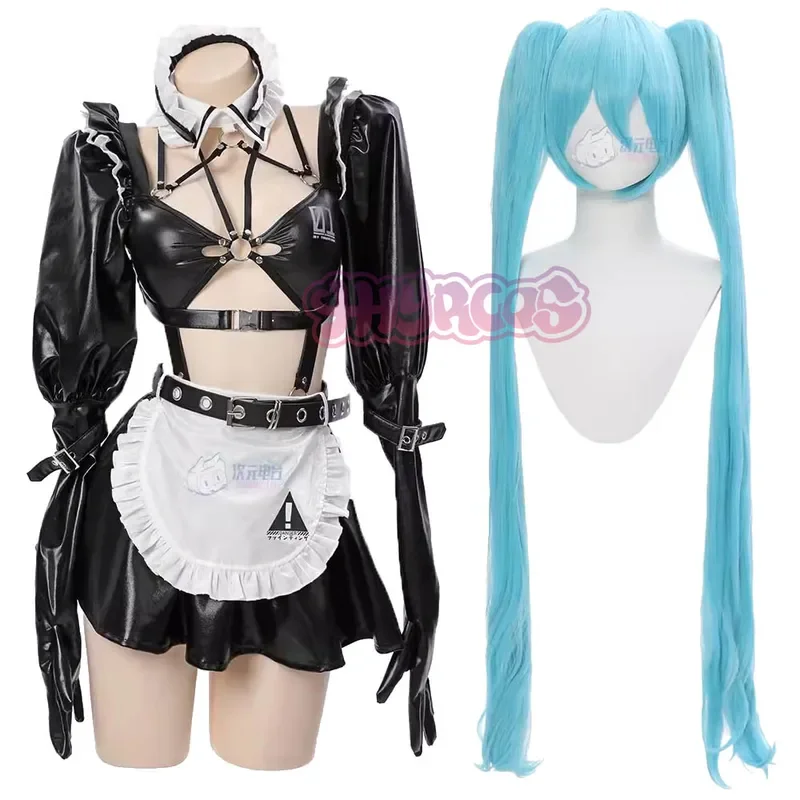 

FC6Anime Mikuu Cos ku Cosplay Costume Mi Cos ku Maid Battle Sexy Dress Halloween Costumes For Women Men Pu leather Wig@FC8！