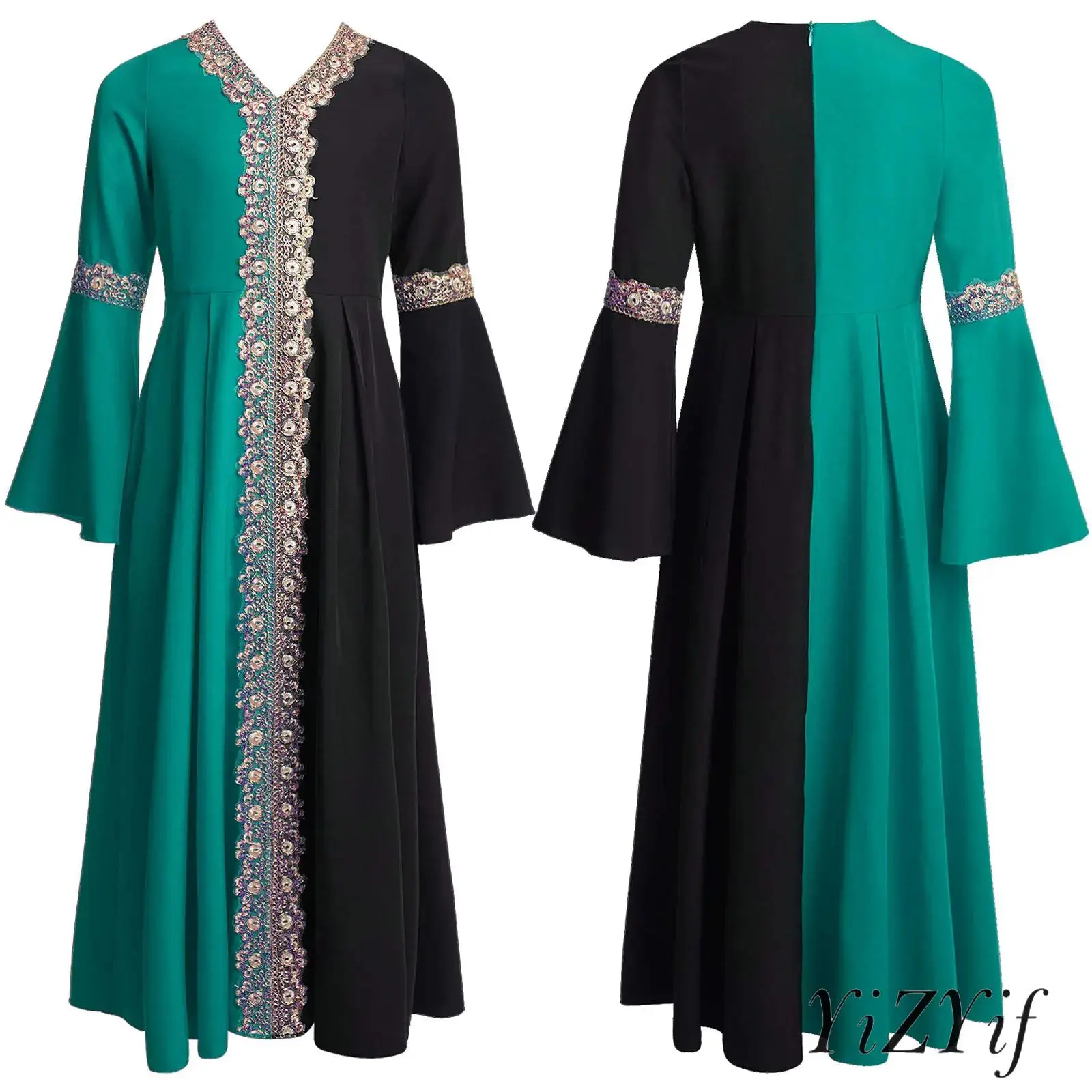 

Girls Elegant Color Block India Arab Dress Flared Sleeves And V-Neck Design Princess Costume for Halloween Masquerade Ball Party