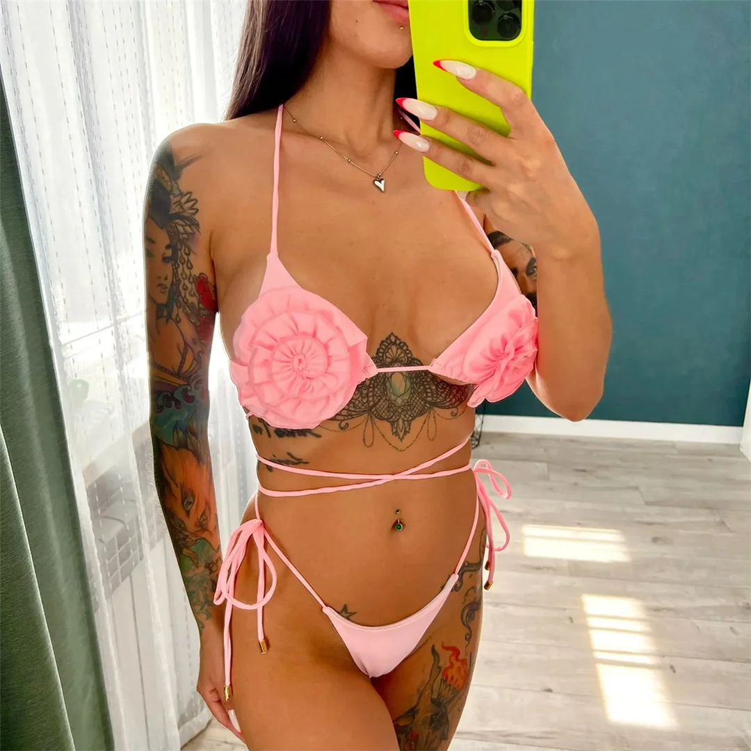 Halter 3D-Blumen Mini Micro Thong Bikini Damen Bademode Zweiteiliger Bikini Badeanzug Badebekleidung V4937 – Detail 12