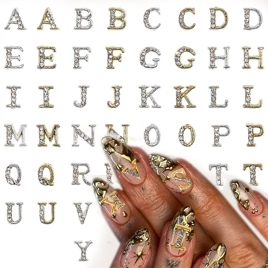 26Pcs Silver Rhinestone Alphabet Nail Charms Set-A-Z Letters Nail Gems,Custom Name Initial Nail Art Decorations for DIY Nail view 5