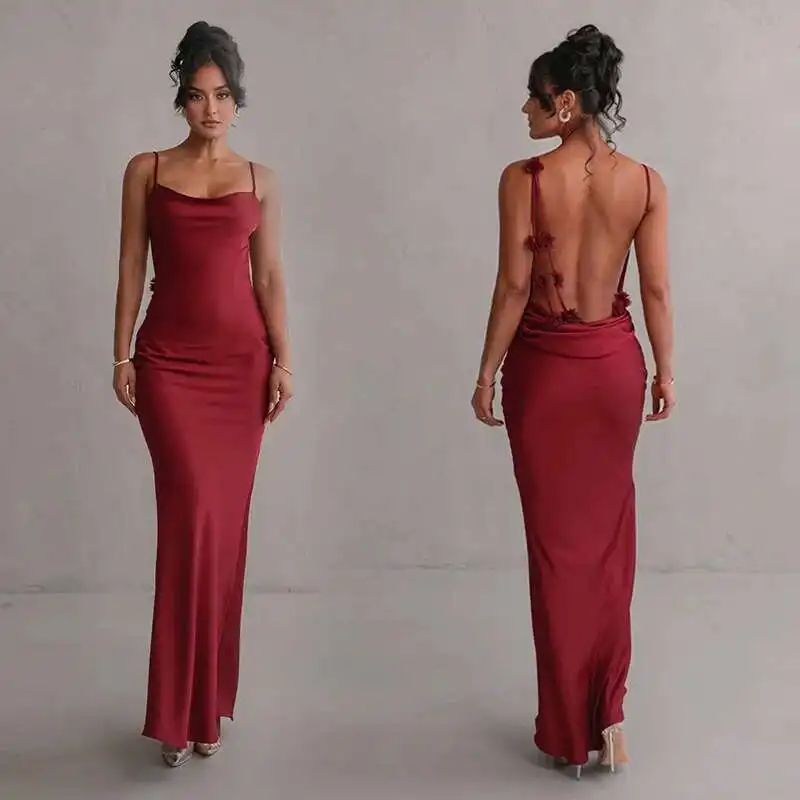 Vestido feminino de cetim com flores, vestido longo de verão com gola única, vestido de festa para boate