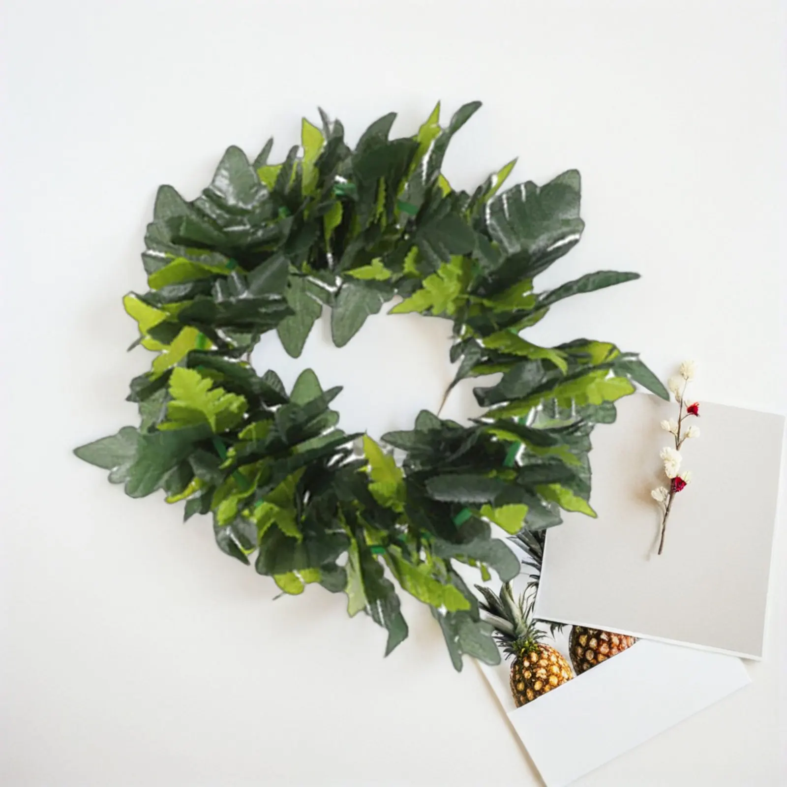 2Sets Hawaiian Artificial Green Leaf Garland Realistic Fabric Headband Necklace Bracelet for Tropical Luau Beach Pool Dance