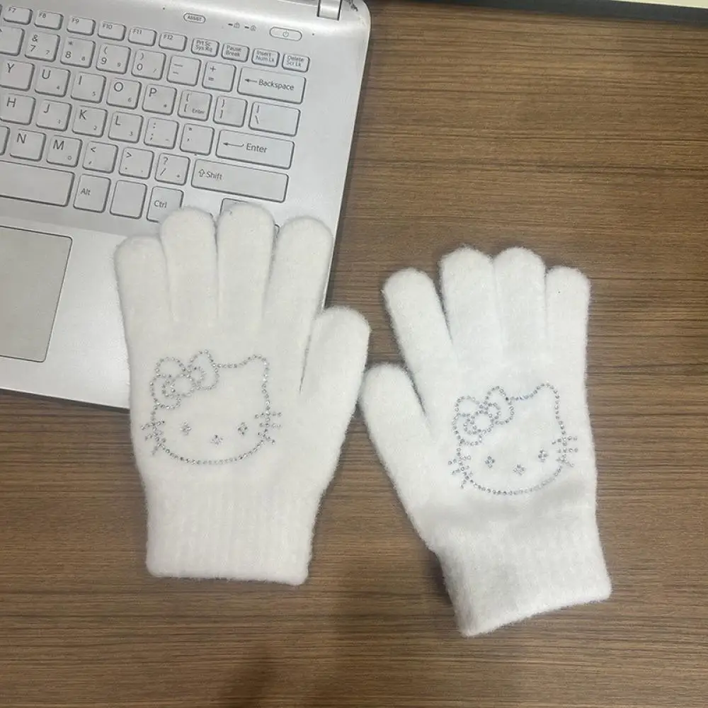 Kawaii Sanrioed Anime Hello Kitty Plush Gloves Cartoon Cycling Half-Finger Gloves Soft Thickened Warm Girl Student Festival Gift