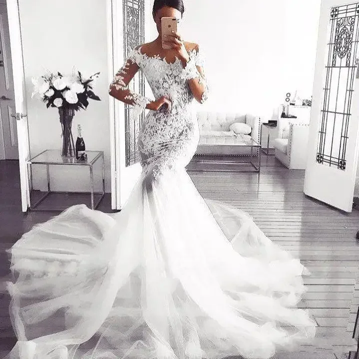 Customized New Off The Shoulder Lace Mermaid Wedding Dresses Sweep Robe Mariée Black Woman Cheap Long Sleeves Bridal Gowns