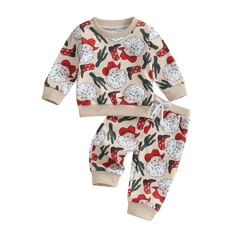 

Toddler Baby Boy Girl Christmas Outfits Long Sleeve Santa Print Sweatshirt and Pants Set 2Pcs Holiday Clothes Outfits