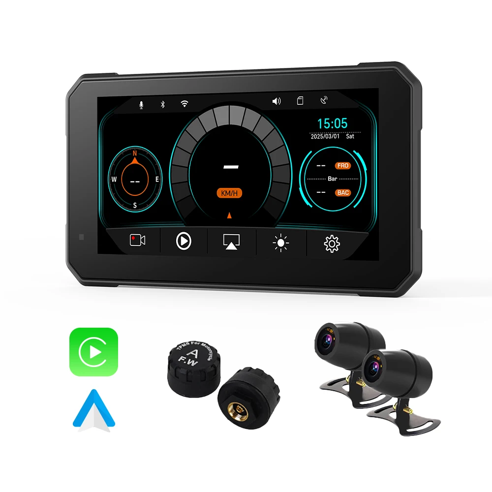 

Quick Release Motorcycle Carplay 6 Touch Screen Dual Lens Dashboard DVR Waterproof TPMS Android Auto Monitor