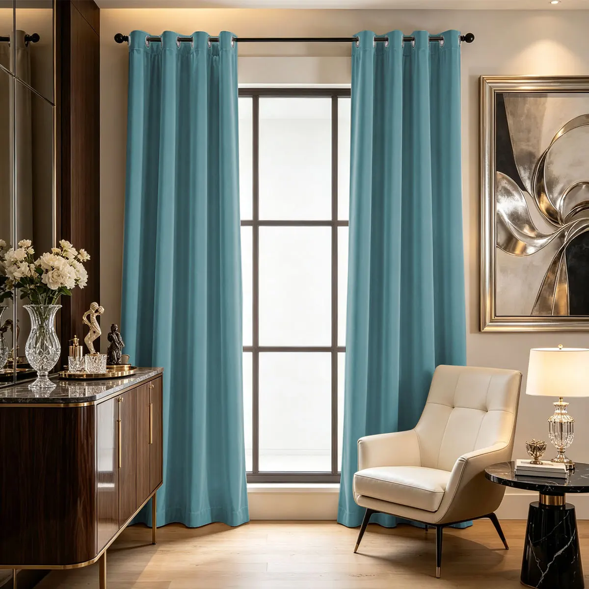 2Pcs Teal Velvet Grommet Curtains, Modern Simple Fabric Drape, Floor Length Privacy Window Curtain For Living Room Bedroom