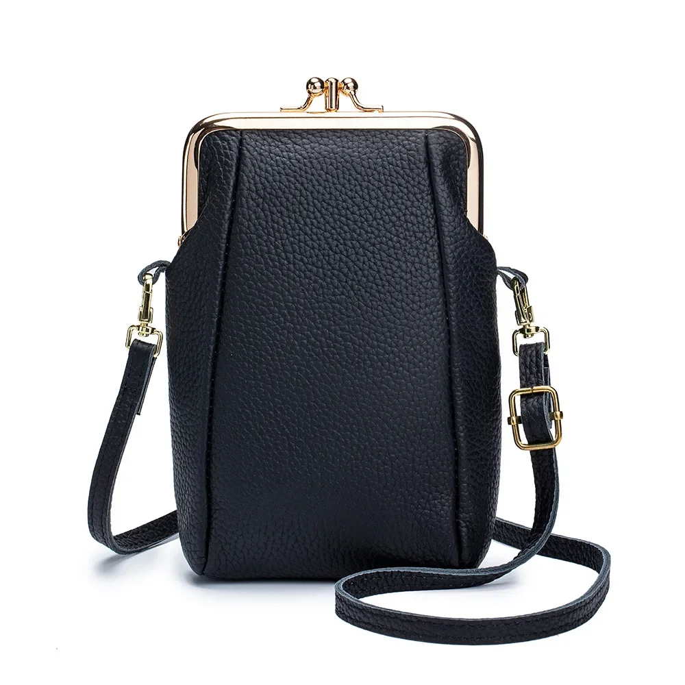 Vintage Women Clip Bags Genuine Leather Mobile Phone Purse Bag Kiss Lock Crossbody Bags