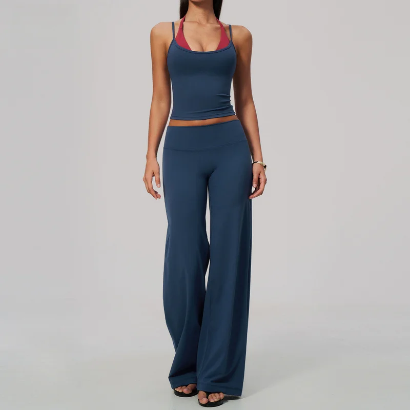 Gym Clothing Fitness Suit Women 2 Piece Yoga Set Halter Neck Faux Two Piece Breathable Quick Drying Wide Leg Pants Sports Set