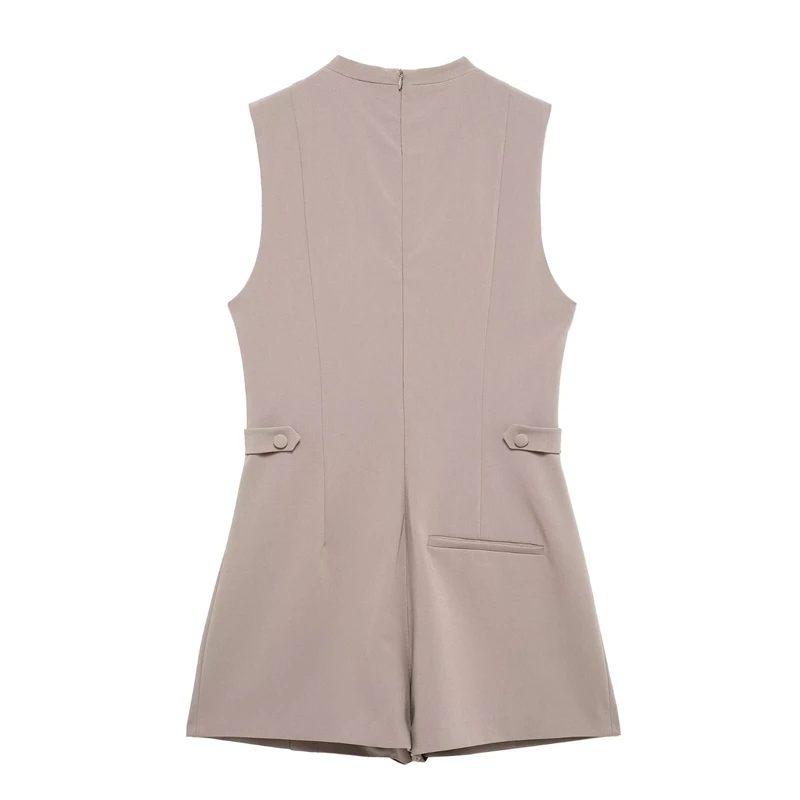 KEYANKETIAN Summer New Women's Single Breasted Decoration Sleeveless Romper Shorts Office Lady Slim O-Neck Straight Pants khaki