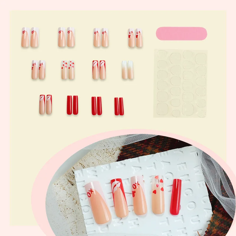 24개 레드 하트 키스 발렌타인 데이 프렌치 롱 래더 프레스온 재사용 가능 네일 팁 (여자친구 및 친구에게 적합)