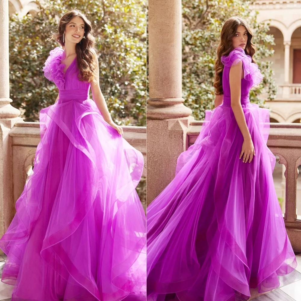 

Fashion Casual Organza Pleat Tiered Draped Ruched A-line V-neck Long Dresses Cocktail Dresses High Quality Pastrol Matching