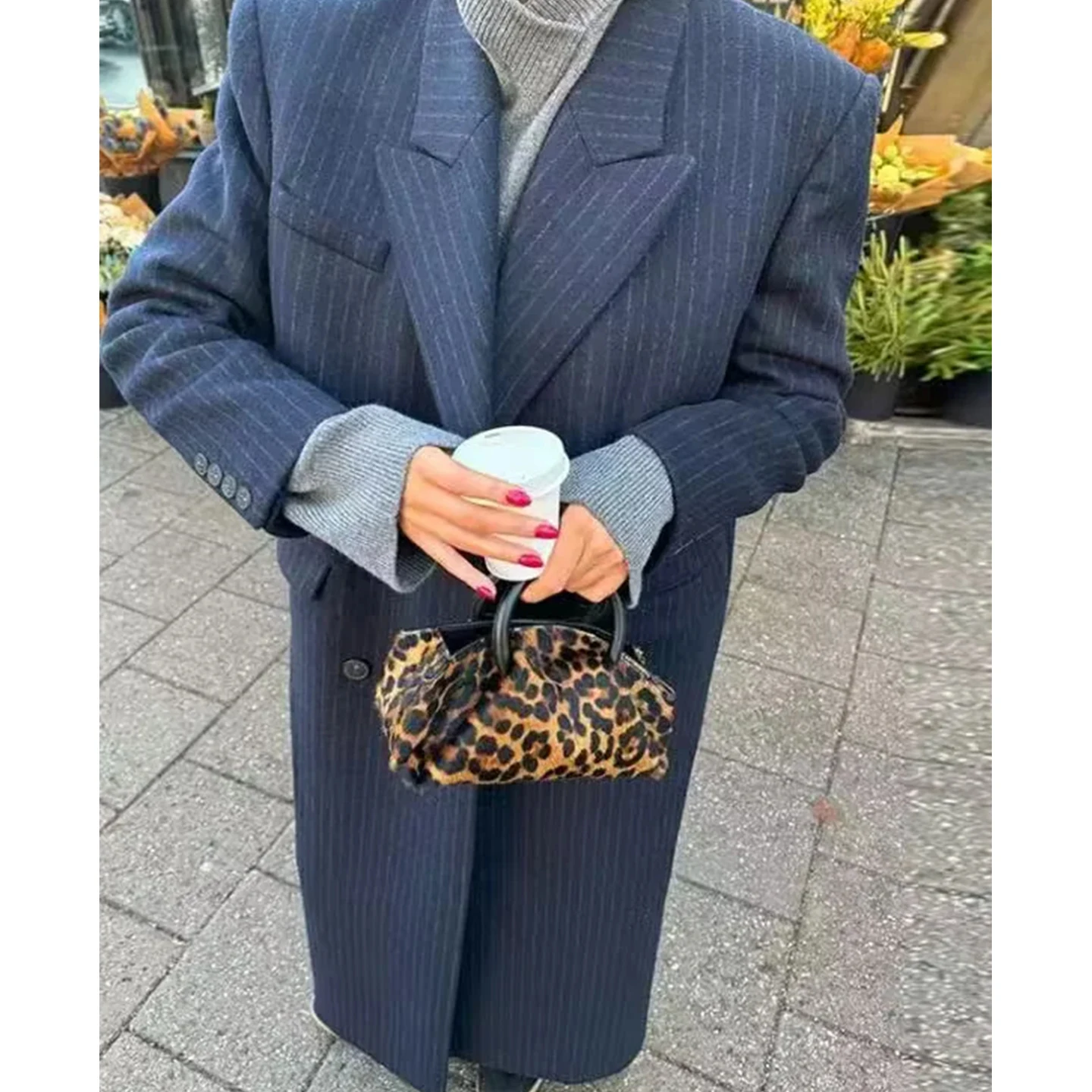 Zimowy Nowy Model Damski Luźny Płaszcz Wełniany w Paski z Kołnierzem i Długim Rękawem, Odzież Wierzchnia do Pracy, Poliester...