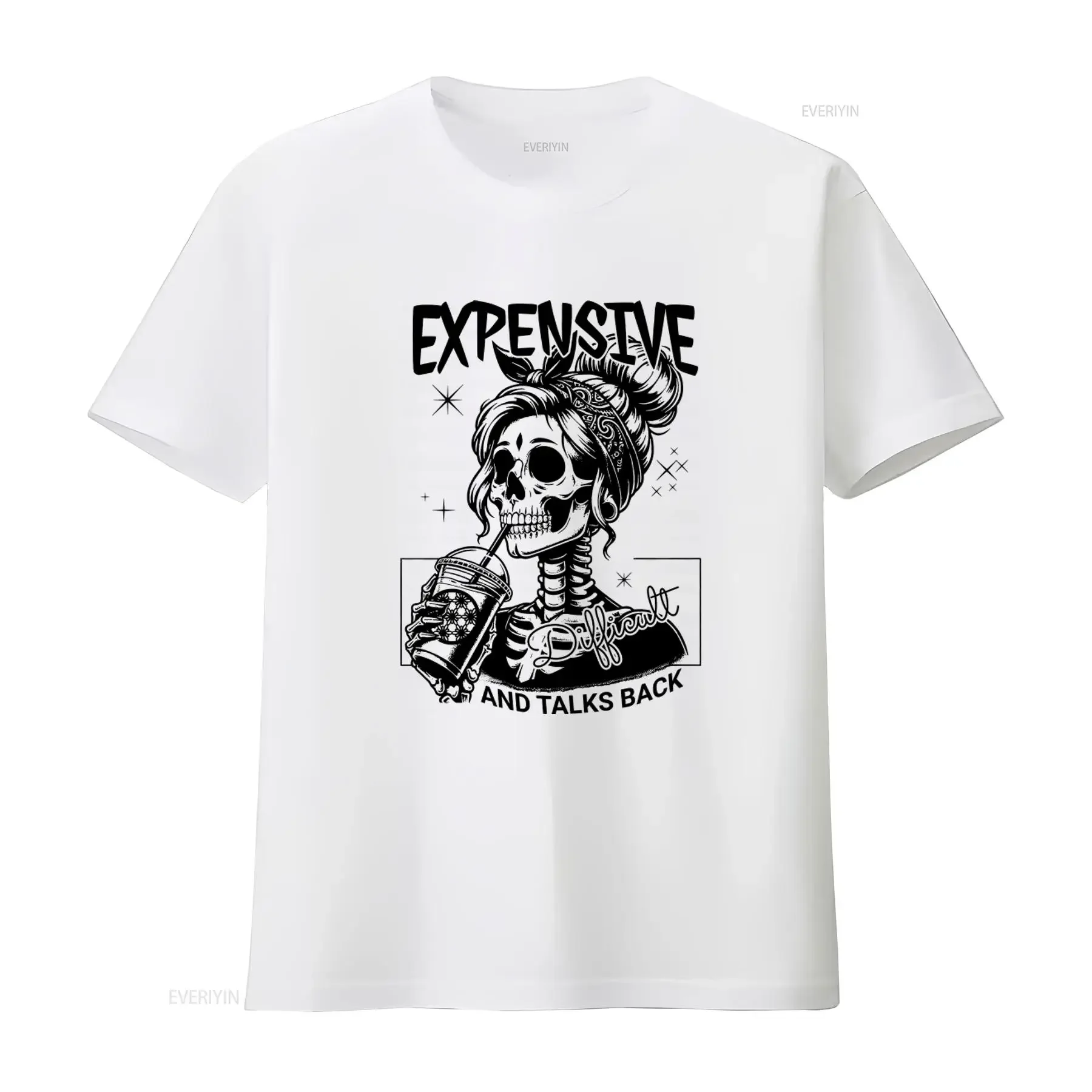 Expensive Difficult And Talks Back Skull Woman Trendy T Shirt Front Sarcastic Wife Mothers Day Mom Life vintage Washed Unisex