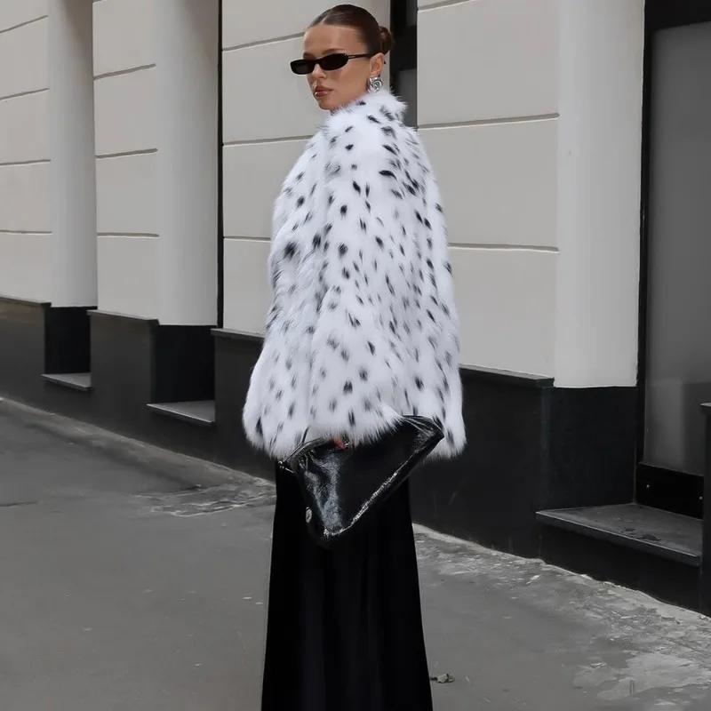 Tuularose Winter Leopard Print Faux Fur Women Plush Thickened Coats Retro High Street Fashion Loose Slim Chic Women Fur Outwear