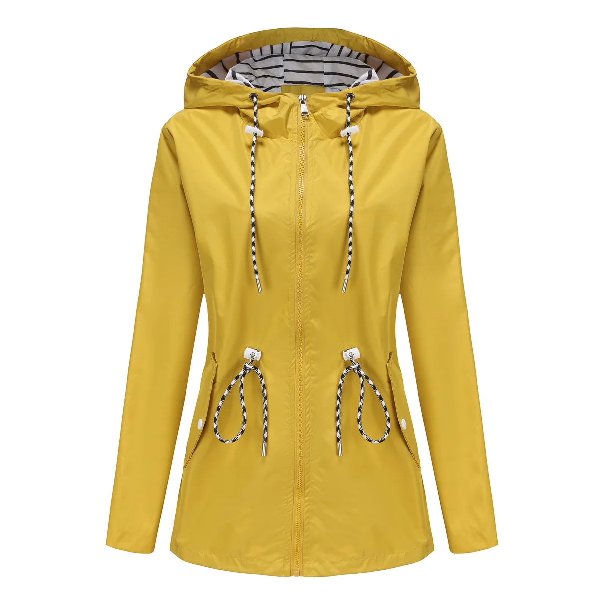 Women Outdoor Windbreaker Casual Loose Hooded Waterproof Raincoat Long Sleeve Solid Color Mid-length Zipper Hiking Jackets