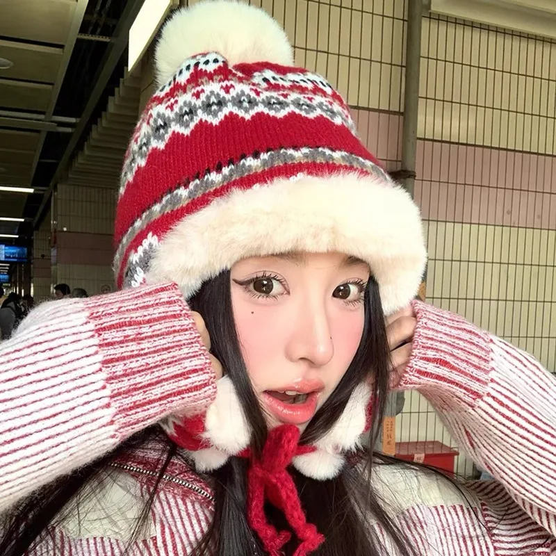 

Thermal Ear Flap Hat for Women Winter Knitted Beanie with Fleece Lining Windproof Cold Weather Keep Warm Cap for Outdoor Sports