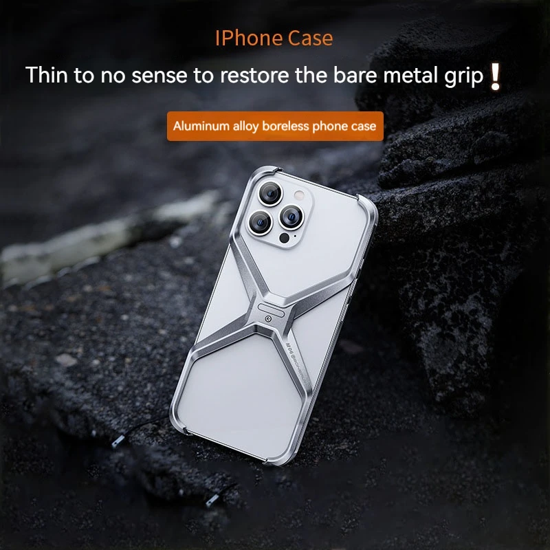 X Type Aluminum Alloy Rimless  Bumper Bar For iPhone 14 15 Pro Max Metal Heat Dissipation Removable Armor Shockproof Phone Case