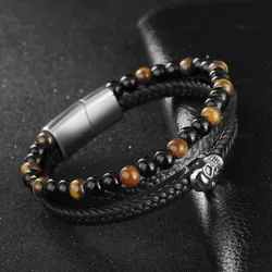 Natural tiger eye stone skull leather bracelet wholesale men's punk style stainless steel bracelet