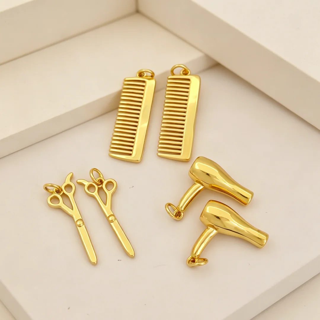 3 Pcs Pendants Gold Plated Smooth Glossy Scissors Comb Hair Dryer Shape Charms DIY Jewelry Accessories Necklace Bracelet Making