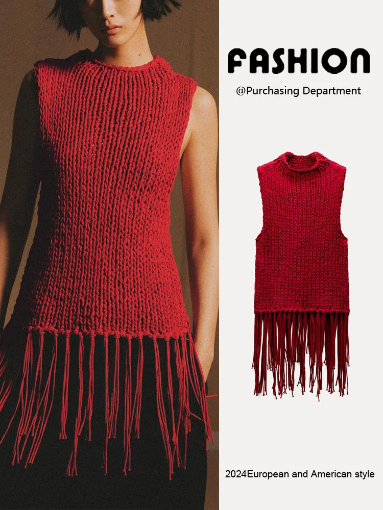 Wiosenna Nowość Damska Dzianinowa Wyszczuplająca Okrągła Bluzka z Frędzlami Dekoracyjnymi Wysoki Stan Do Pracy Średniej Długości Dr