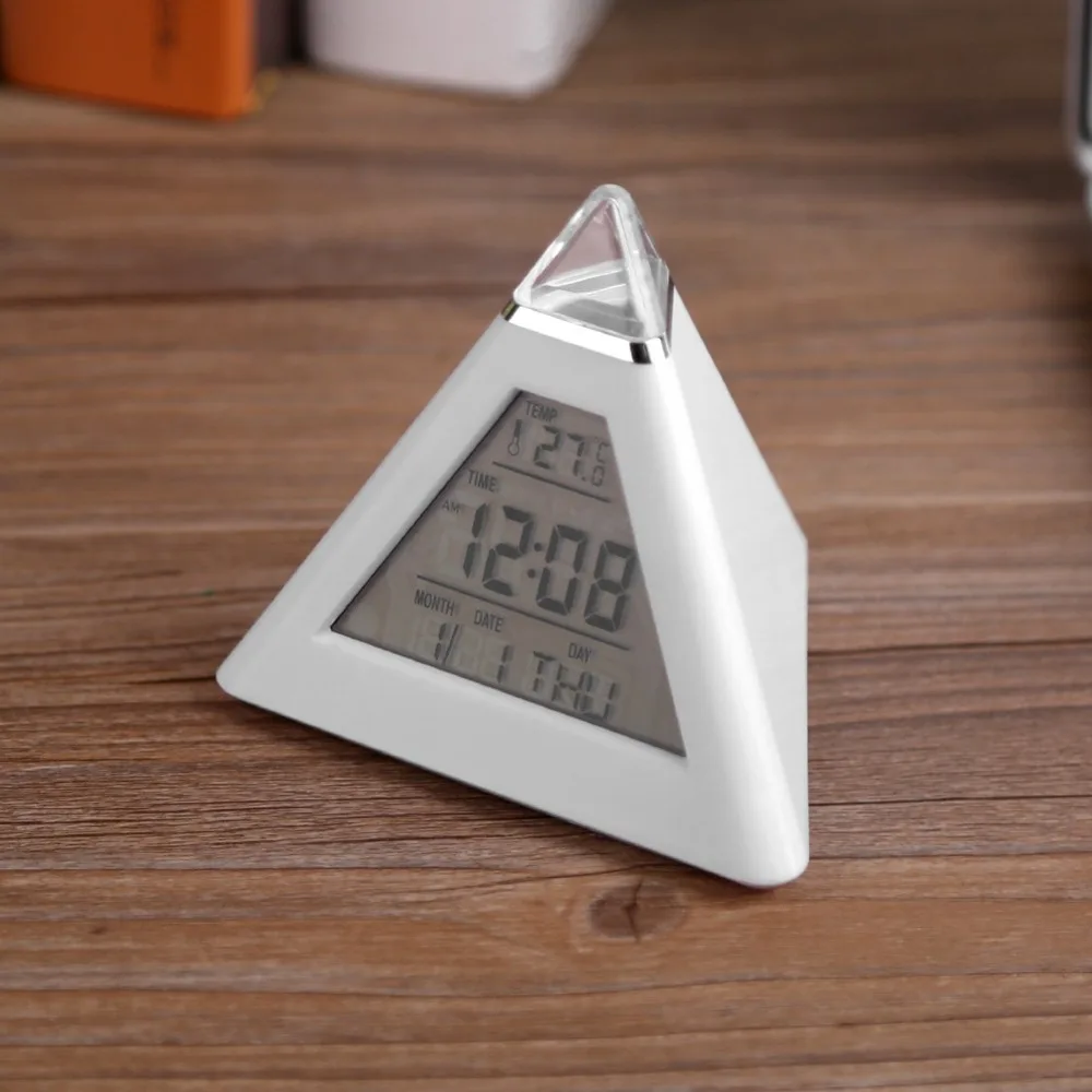Pyramid LED Alarm Clock Color Changing Digital Display Table Clock Battery Operated White Digital Alarm Clock Snooze Function