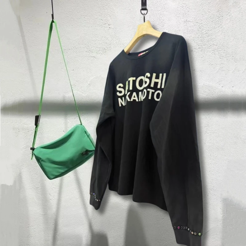 Vintage Washed Balck Nail Bead Satoshi Long Sleeve Tshirts Classic Letter Print Waffle Round Neck Sweatshirts Men Women Pullover