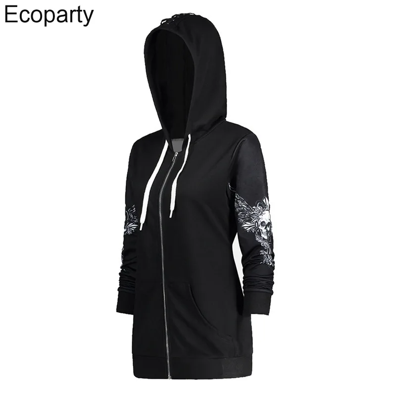 New Women Gothic 3d Skull Printed Hoodie Coat Black Long Sleeves Zip Up Loose Casual Hooded Jacket Aldult Darkness Sweatshirt