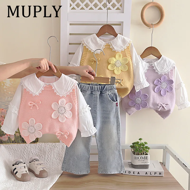 Baby Girls 3Pcs Clothes Set Autumn Knitted Floral Vest Doll Collar Shirt Denim Pants Toddler Kids Korean Casual Outfit
