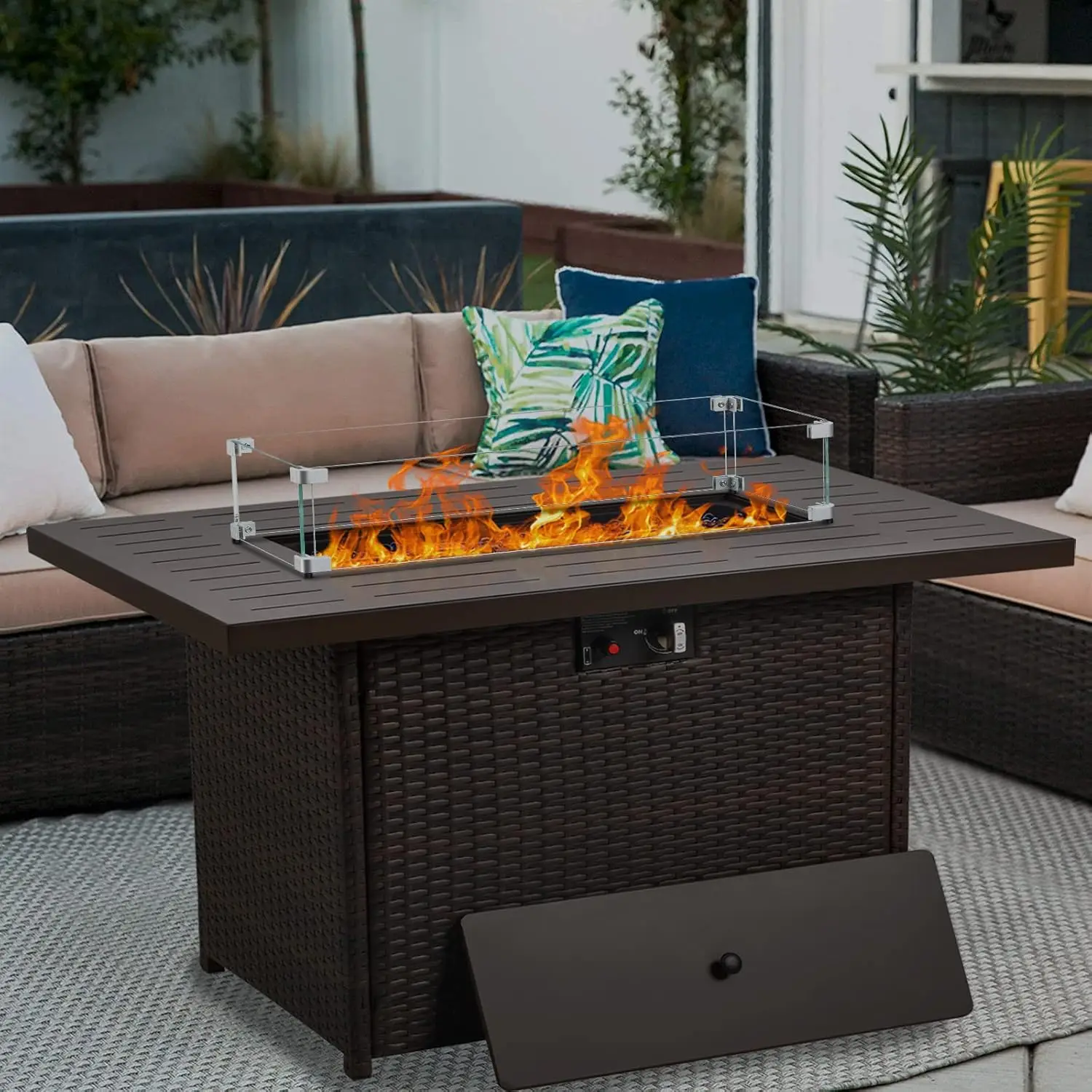 Outdoor Patio Deck Use, Aluminum, 55000 BTU, 44 Inch Rectangular Propane Fire Pit with Glass Wind Guard