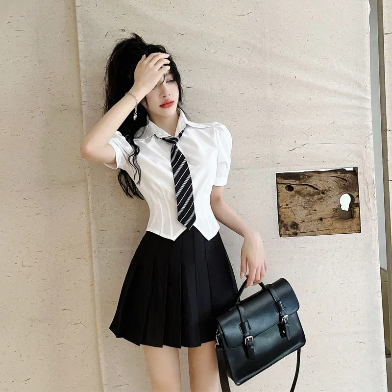 Estate New Sle College Wind Bubble Sve Vita stretta Bianco ort Sve irt Gonna a pieghe da donna Anti invecchiamento Due...