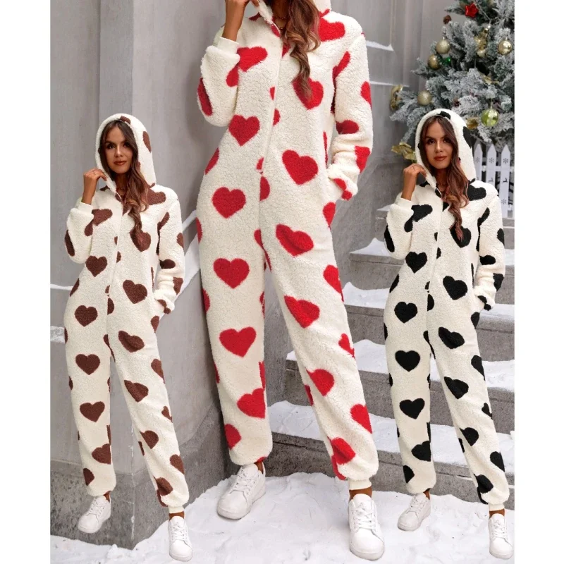 2025 Women's Clothing Autumn and Winter New Plush Love Printed Christmas Hooded Jumpsuit