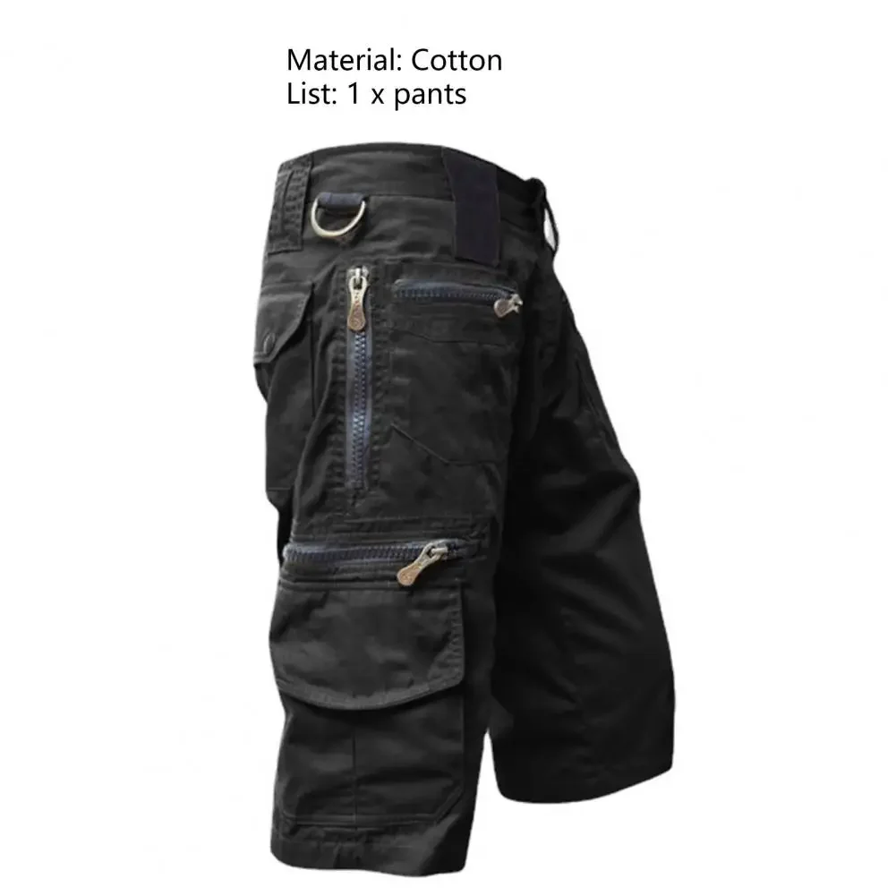 Shorts de cinta reta casual masculino, jogging tático, cor sólida, bolsos com zíper múltiplo, verão