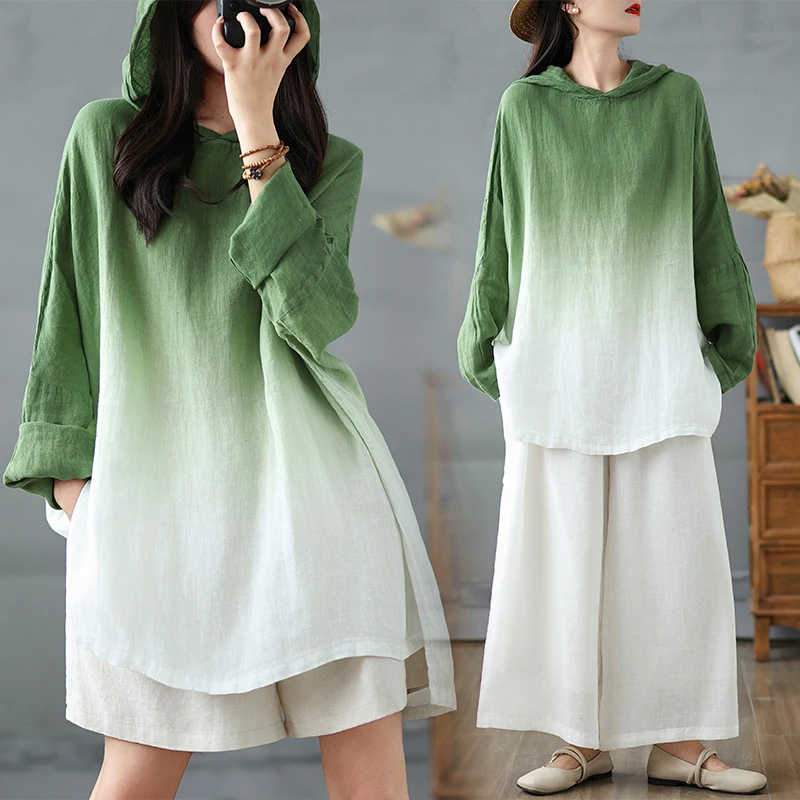 

Laid-ba Hong Kong Sle adient Color Cotton Linen Hoodie Jaet plus Size Women's Early Autumn Faionable Midi Sve Top