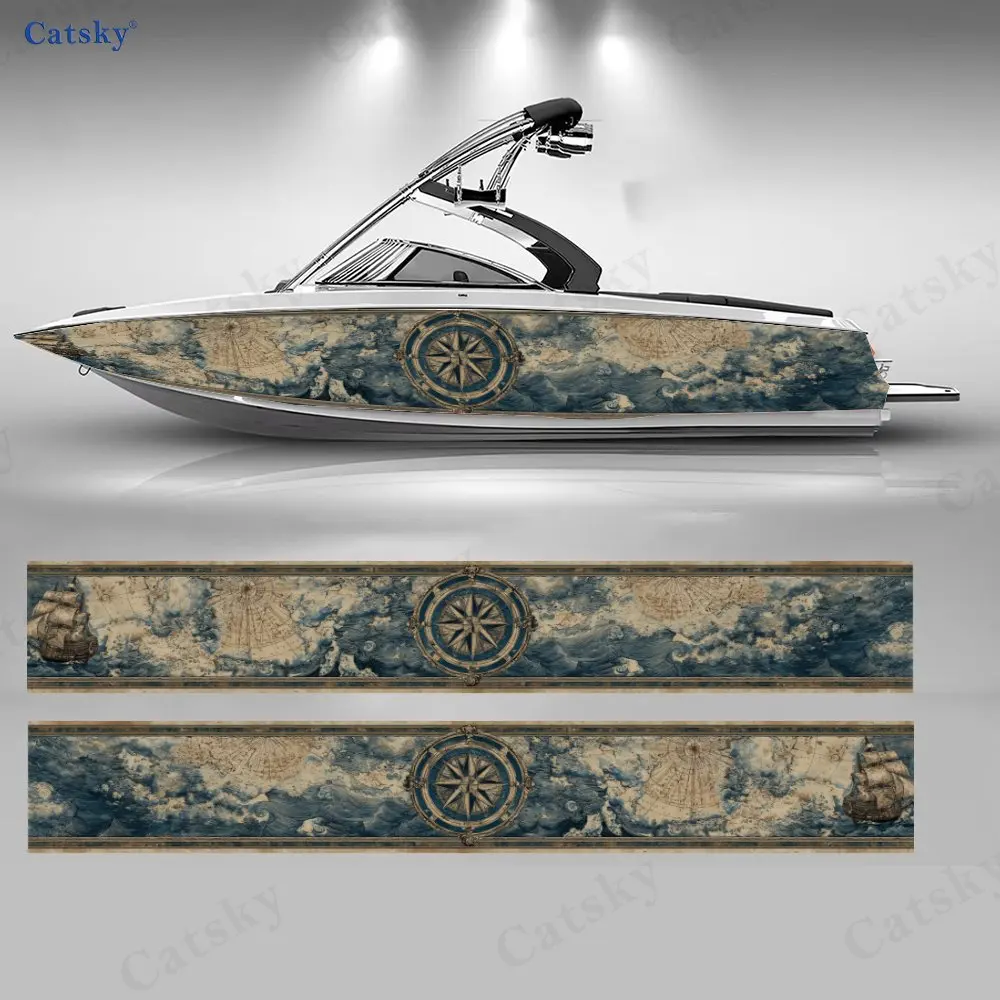Nautical Style Ship & Compass Boat Stickers, PVC Waterproof Vinyl Wrap Decals for Fishing Boats, Durable and Stylish Design