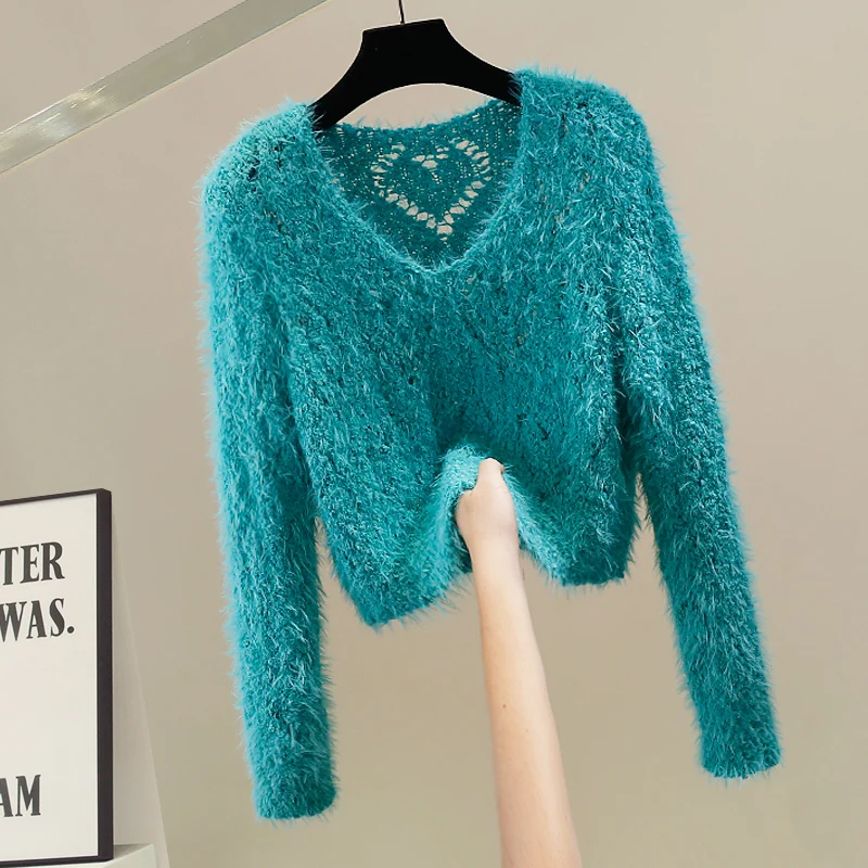 

Модный плотный свитер с вырезами и V-образным вырезом, свободный крой, оригинальный дизайн, трендовый вязаный топ для осени, для повседневной носки.