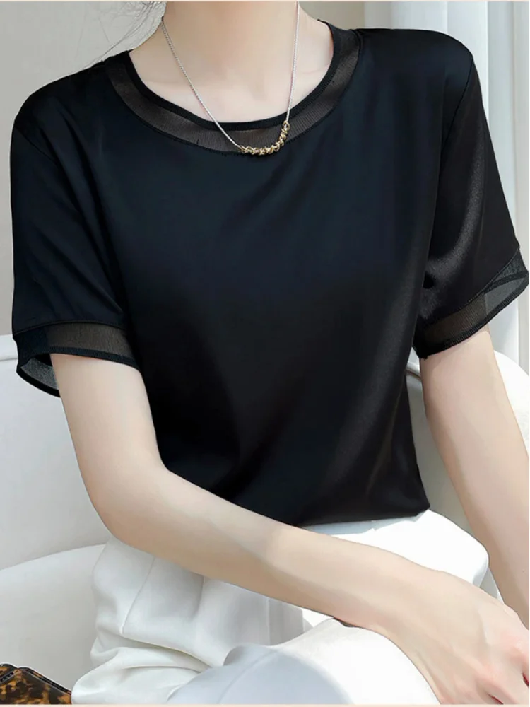 Fashion wanita T-shirt lengan pendek sutra kebesaran T-shirt kerah o kasual satin TEE musim panas solid champagne longgar T-shirt wanita