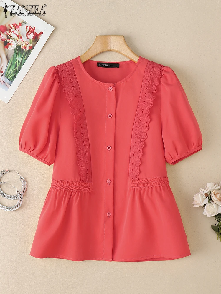 ZANZEA Manica corta a sbuffo Camicette abbottonate Elegante O-Collo Tinta unita Camicie casual Moda coreana Lace Trim Donna Chemise Femme