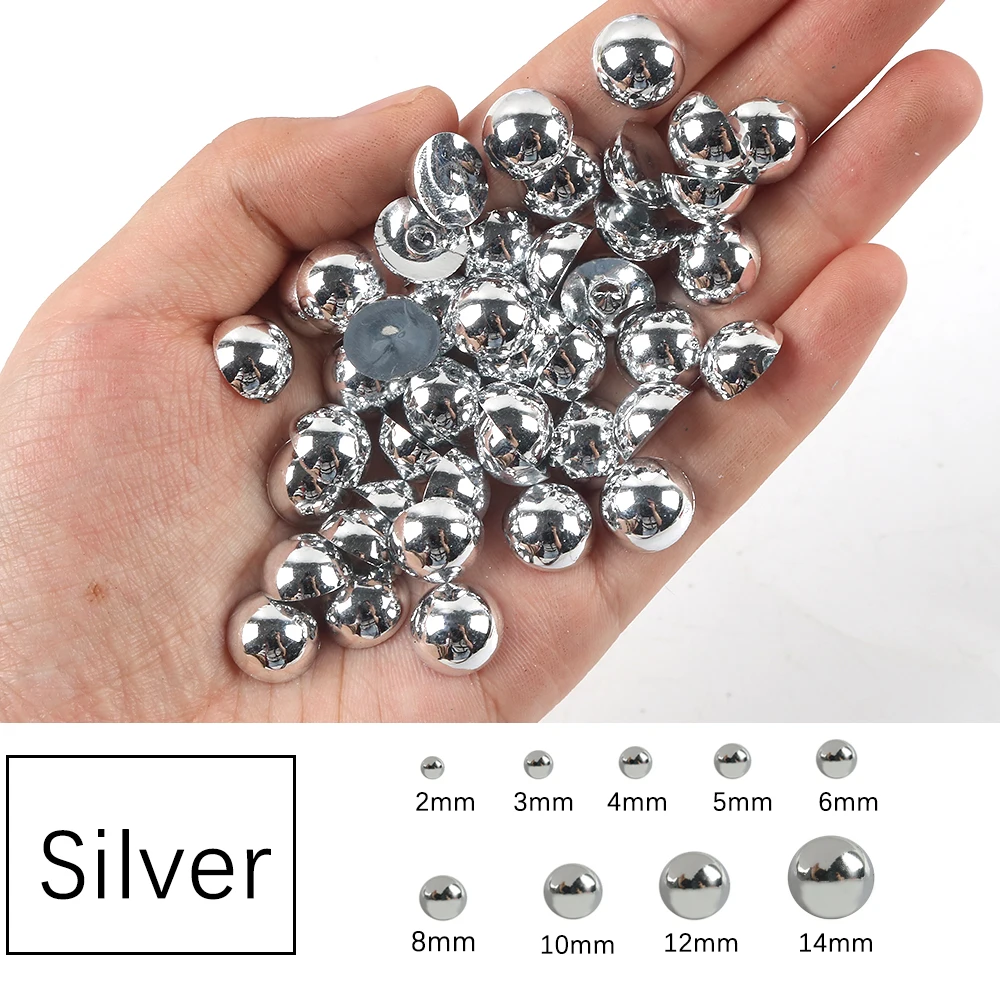 Flat Back Round Pearl Beads Silver Color ABS Pearls Imitation Beads Stone Silver Colors For DIY Craft Making Decoration Stones