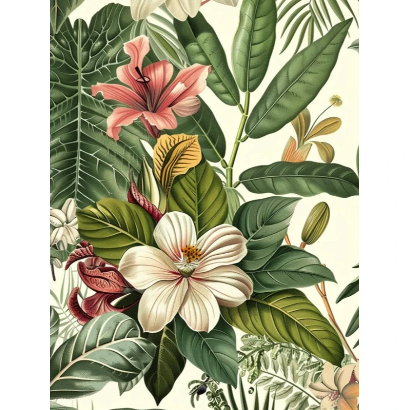 DIY 5D Diamond Painting, Vintage Botanical Art Tropical Leaves and Magnolia Flowers, Hobby Craft for Home Wall Decor