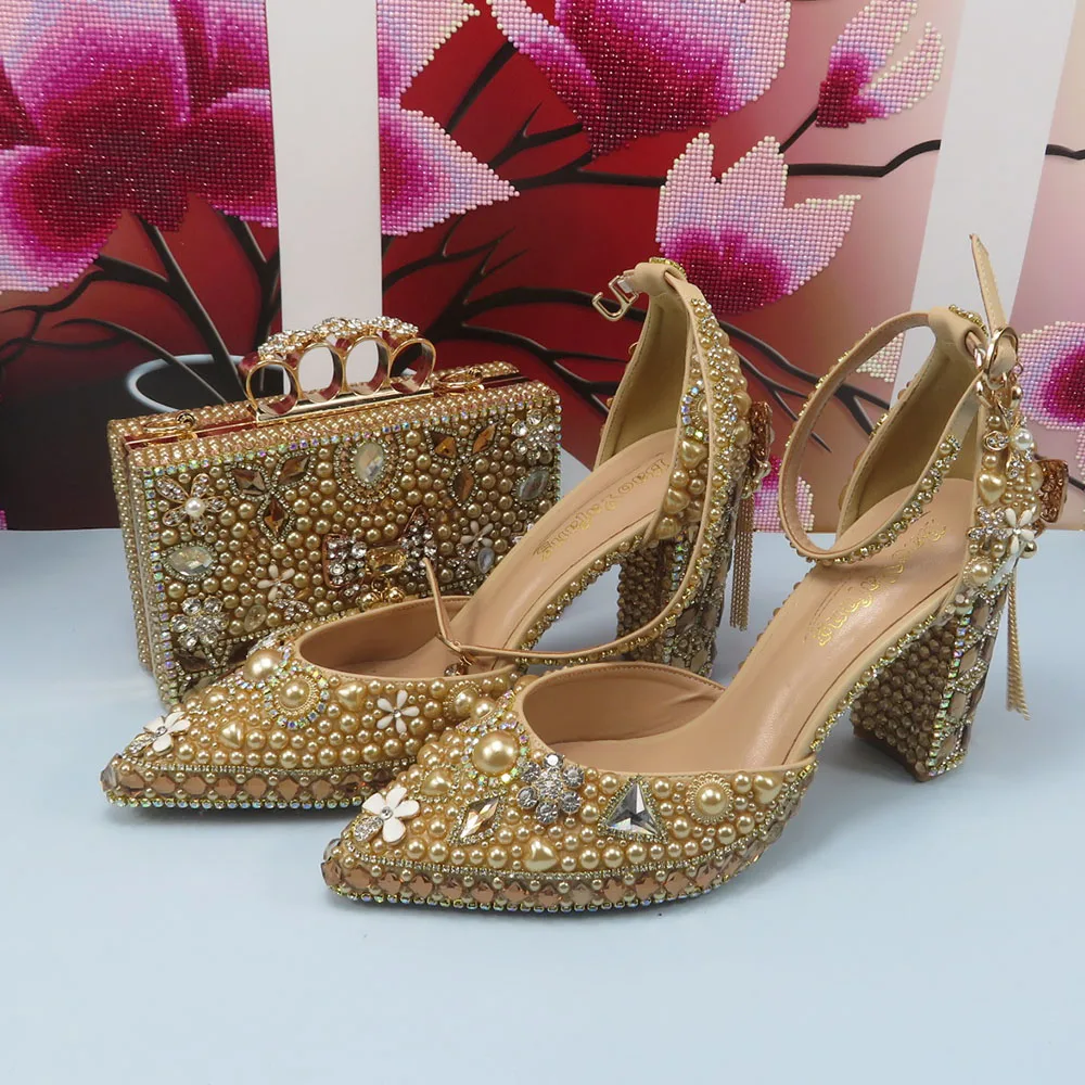 2023 new luxury Champagne Gold crystal wedding shoe and bag female thick heel high heel sandals ladies party pointed shoe bag