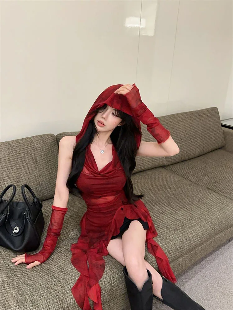 Women Red Hooded Mesh Top Sleeveless Irregular Asymmetrical Hem With Fingerless Arm Sleeves