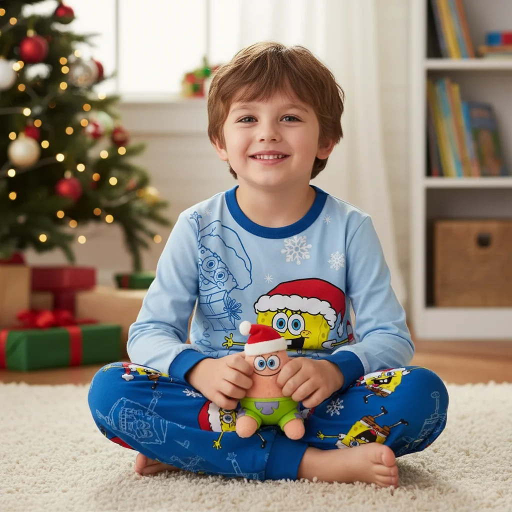 2026 SpongeBob SquarePants مطابقة عيد الميلاد الخريف/الشتاء عيد الميلاد مقنعين بيجامة مجموعة، الكبار/الأطفال زوجين الزي #2