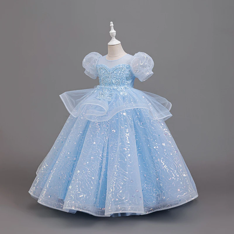 New High-End Luxury Flower Girl Wedding Show Performance Dress for Girls, Puff Sleeve Sequin Princess Dress 3