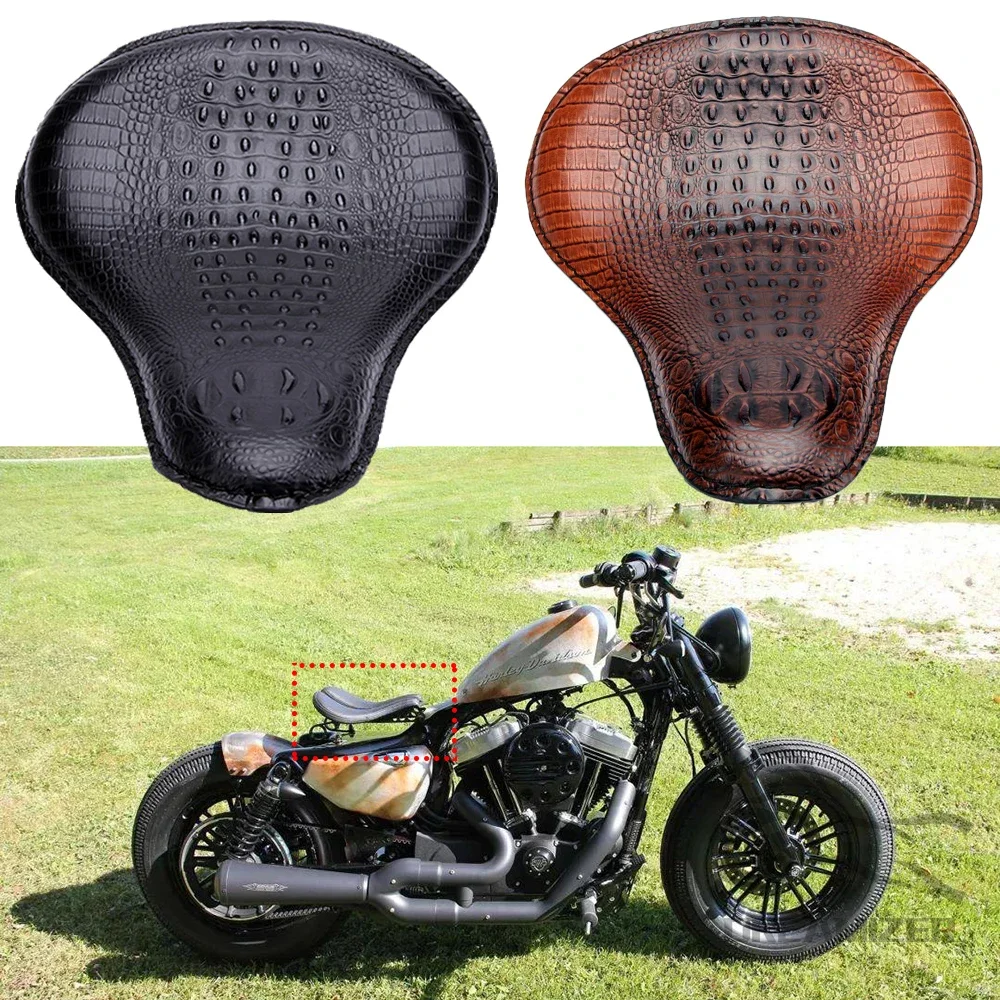 Motorcycle Retro Old School Crocodile Leather Style Solo Saddle Seat+3