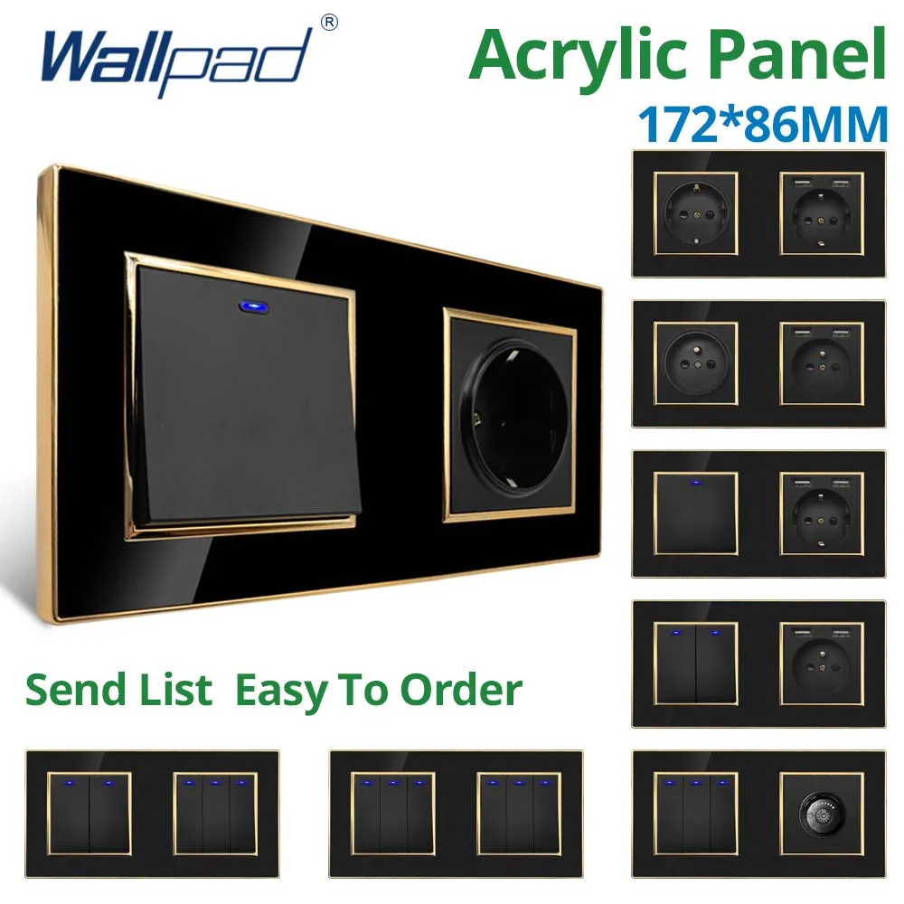 Wallpad Black Acrylic Panel Gold Border Wall Light Switch LED Dimmer USB Charge EU Socket Outlet 5 6 7 8 Gang 2 Way Reset