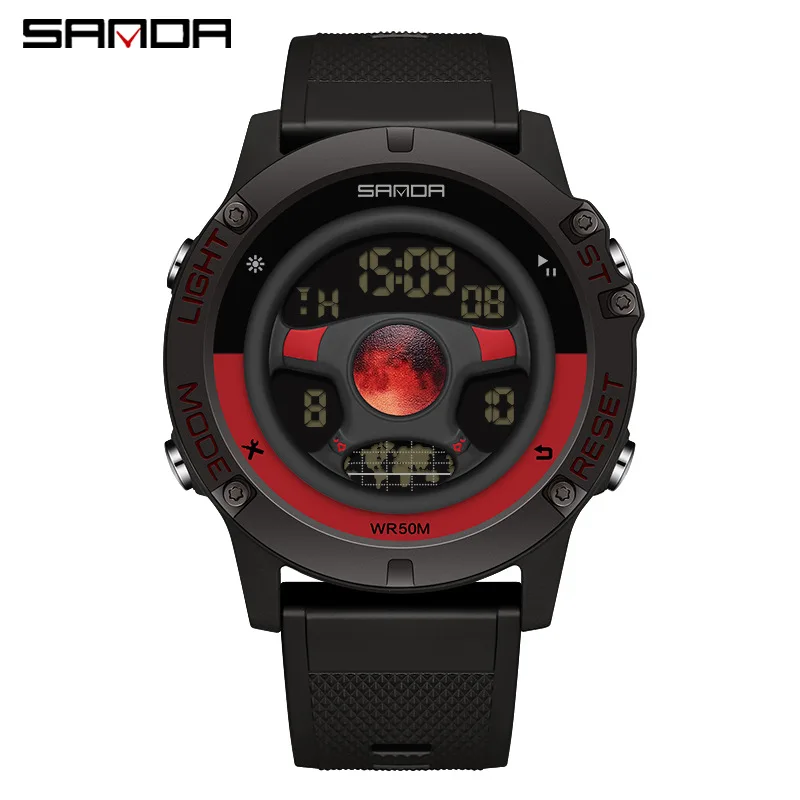 

SANDA 9024 Men's Electronic Watch Steering Wheel Star Hollow Dial Luminous Alarm Clock 50m Waterproof Student Sports Watch