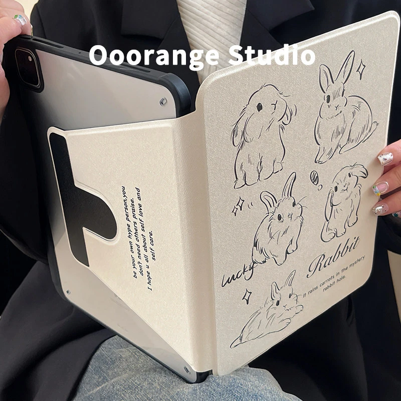 Simple Sketch Rabbit Y2K 360° Rotation Cover For iPad Pro 13 11th M5 M4 12.9 A16 10 8 7 9th 10th Air 11 M2 M3 Mini Tablet Case