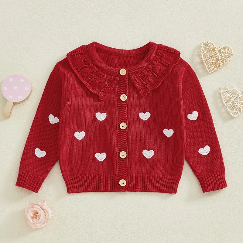 Tregren Infant Baby Girls Cardigan Sweater Heart Embroidery Doll Collar Button Knitwear for Toddler Warm Clothes Valentine's Day